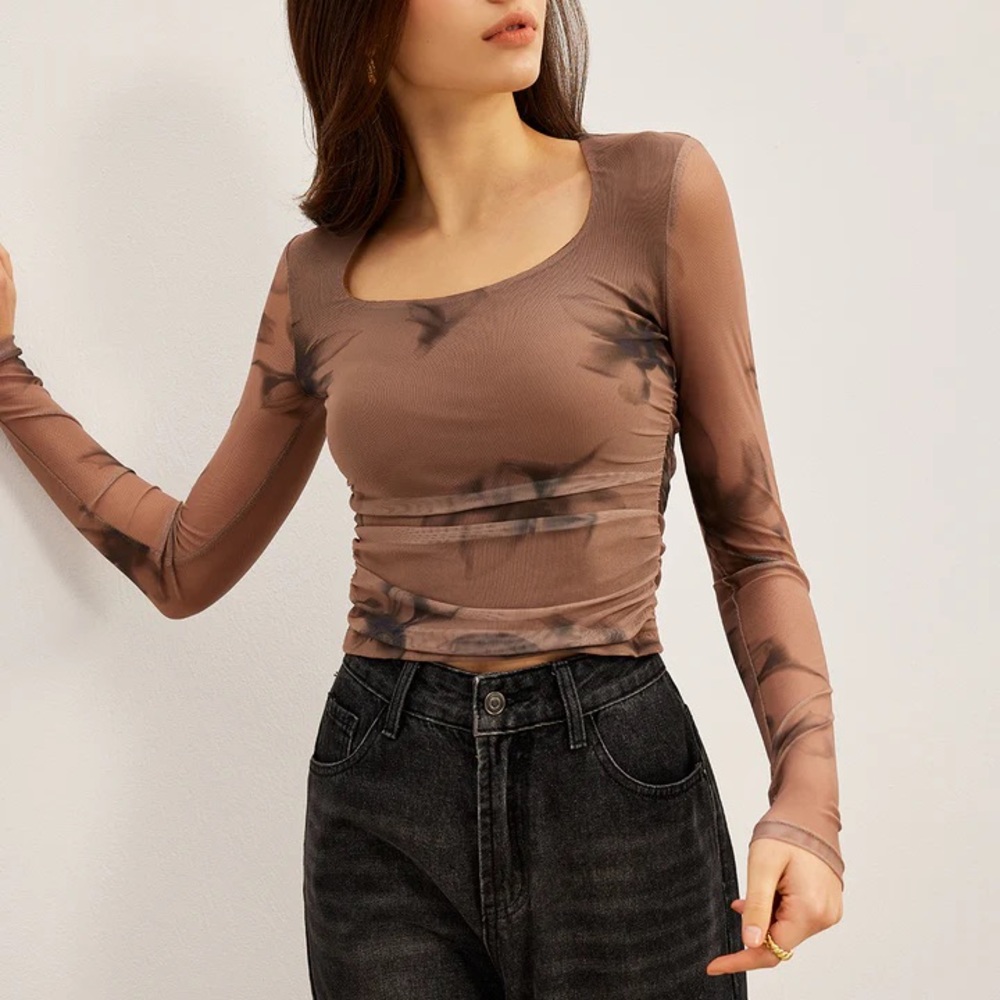 Commense Brown Patterned Long Sleeve Top